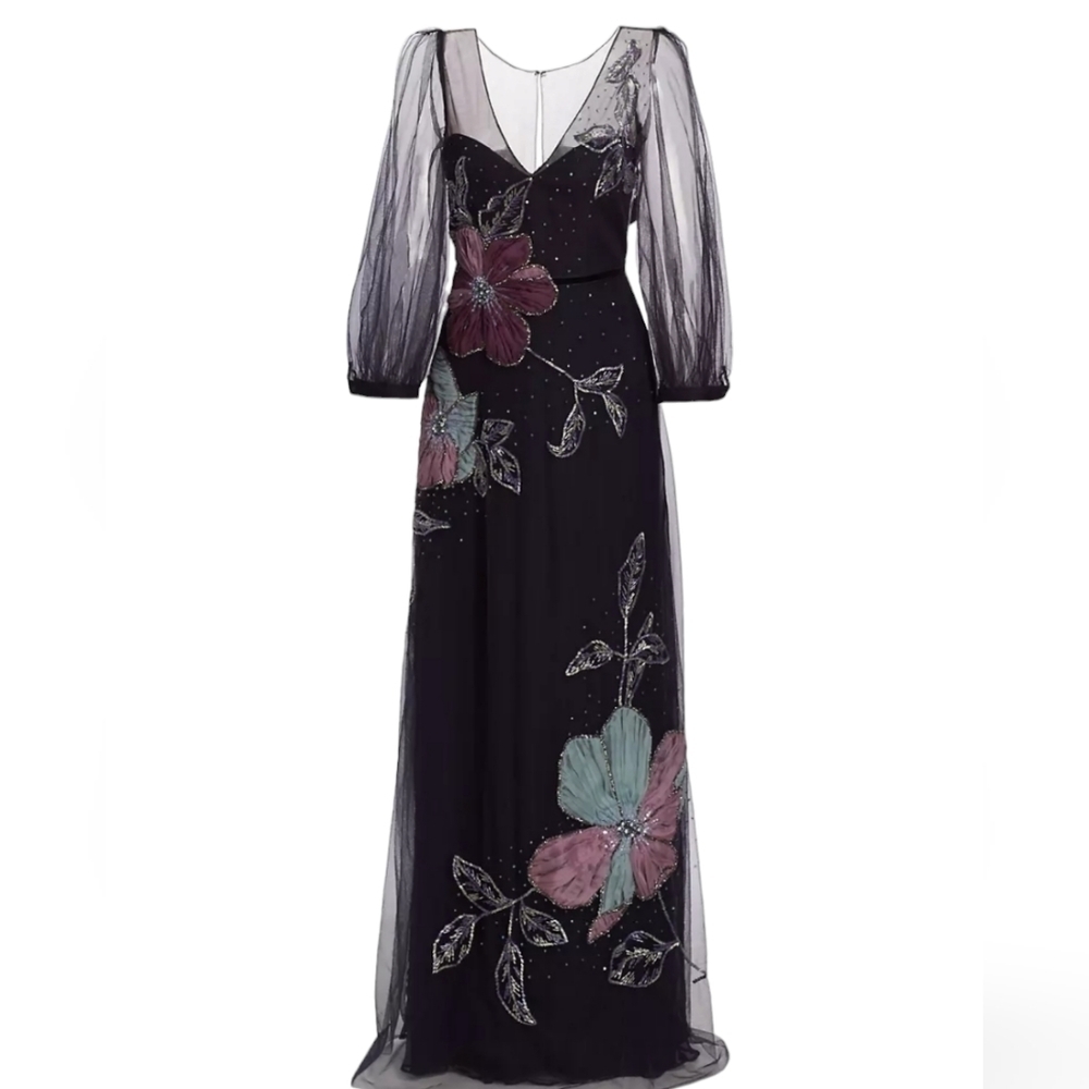 NWT Marchesa Notte Sheer Puff Sleeve Gown – Wedding Guest / Black Tie Formal - Picture 3 of 11